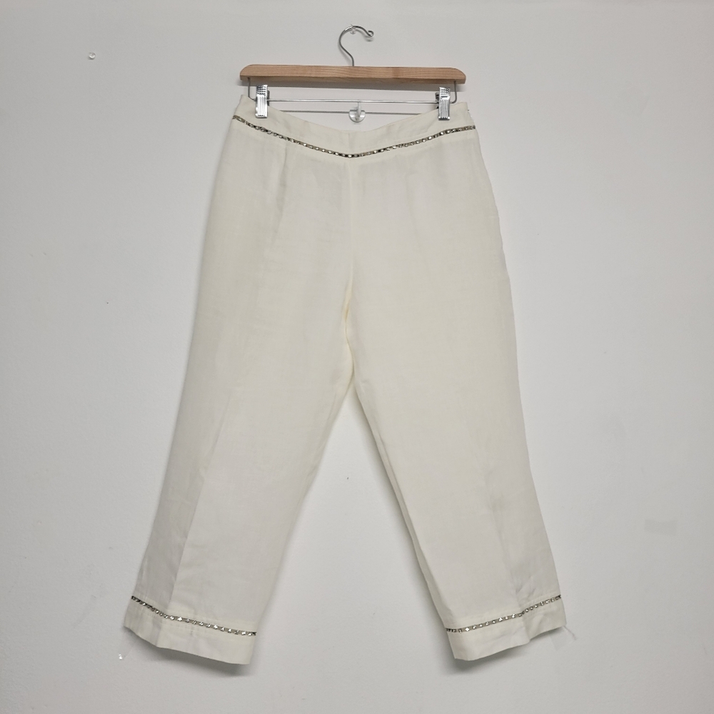 Escada Linen Beautiful Cream Ankle Pants with Embellished Crystals Trim